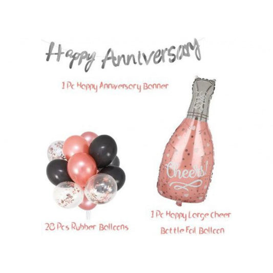 Happy Anniversary Decoration Set Cheer Bottle And Foil Balloons (Rose Gold)