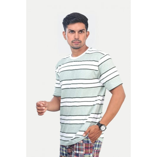Generic Men's Casual Half sleeve Stripped Cotton Crew Neck T-shirt (White )