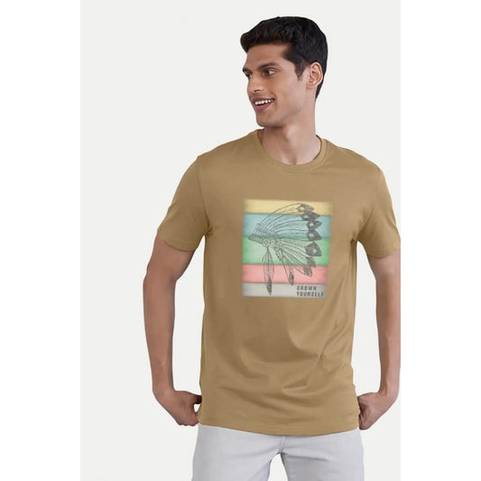 Generic Men's Casual Half sleeve Digital Printed Cotton Crew Neck T-shirt (Sand)