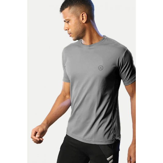 Generic Men's Casual Half sleeve Solid Polyester Crew Neck T-shirt (Grey)