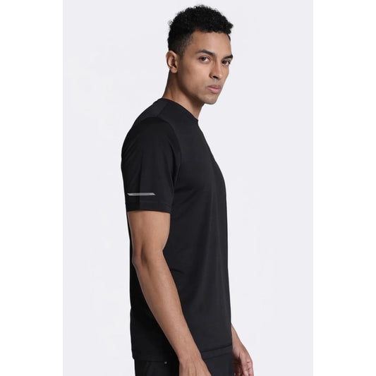 Generic Men's Casual Half sleeve Solid Polyester Crew Neck T-shirt (Black)