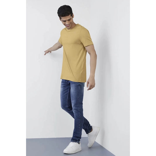 Generic Men's Casual Half sleeve Solid Polyester Crew Neck T-shirt (Sand)