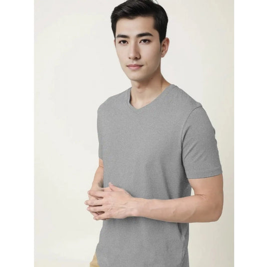 Generic Men's Casual Half sleeve Solid Cotton V Neck T-shirt (Grey Melange)