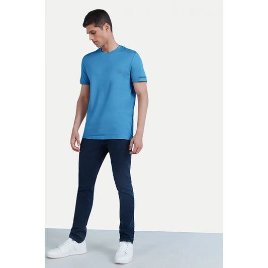 Generic Men's Casual Half sleeve Solid Polyester Crew Neck T-shirt (Light Blue)