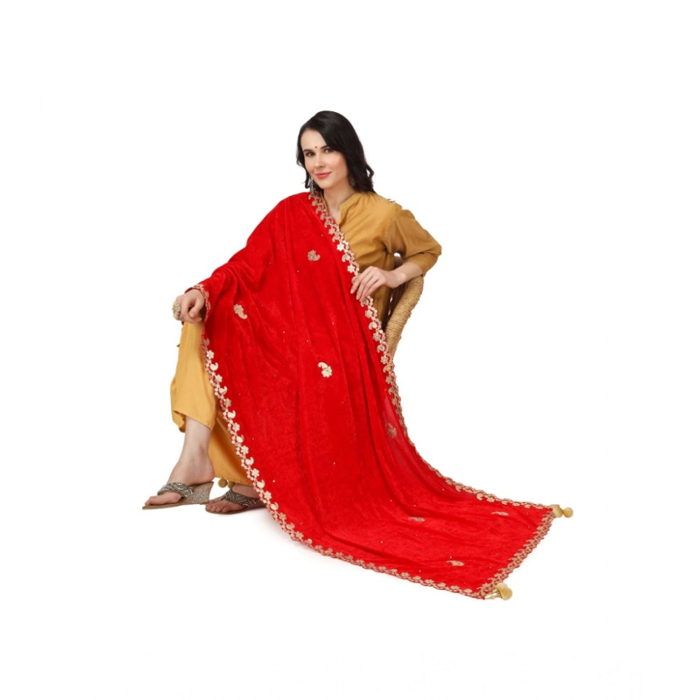 Generic Women's Velvet Gotta Patti Dupatta (Red, Length: 2.25 to 2.50 Mtr)