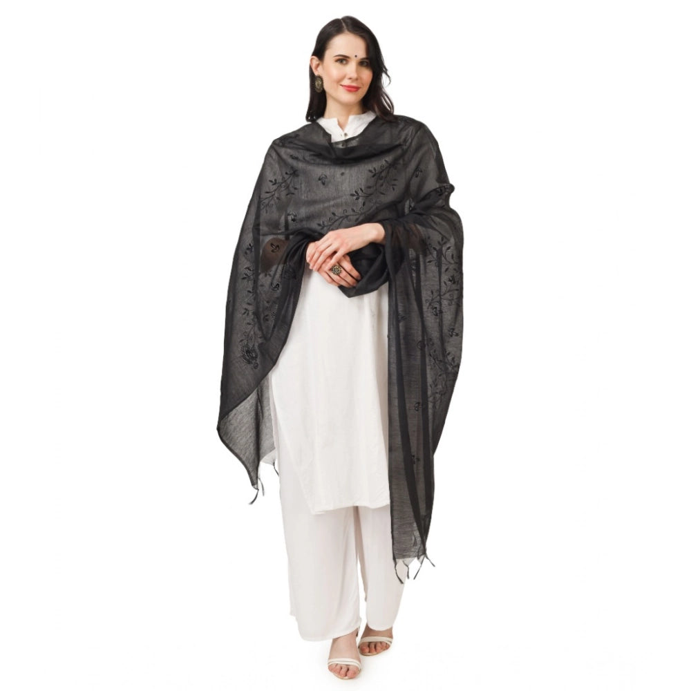 Generic Women's Cotton Embroidered Dupatta (Black, Length: 2.25 to 2.50 Mtr)
