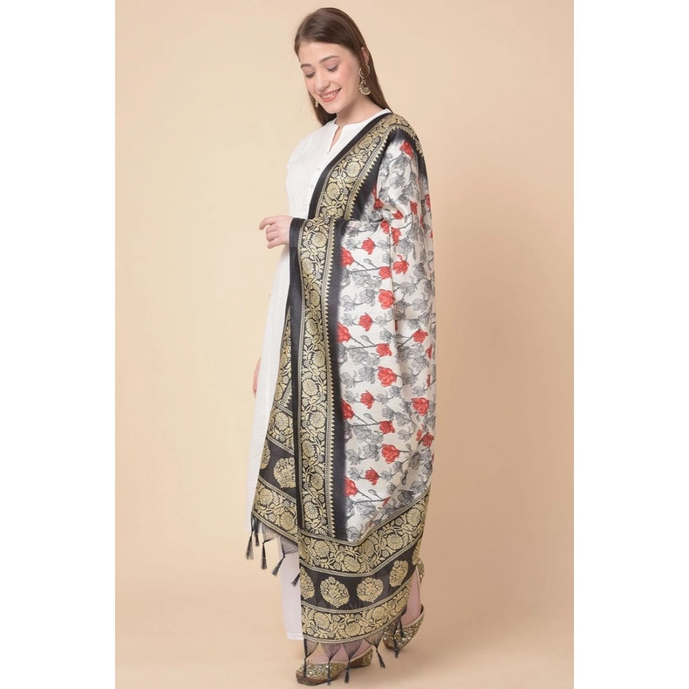 Generic Women's Art Silk Printed Dupatta (Black, Length: 2.25 to 2.50 Mtr)
