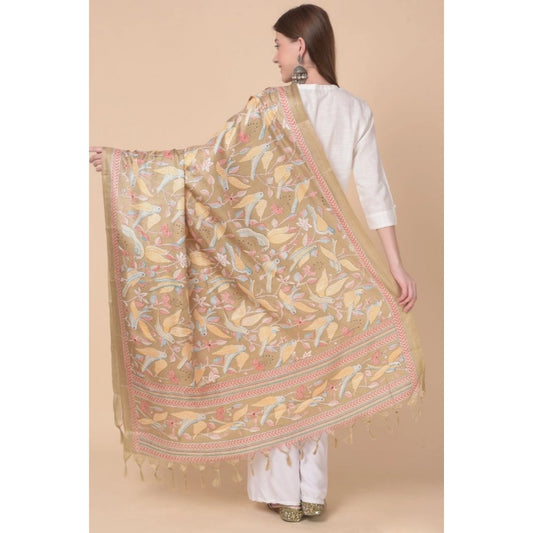 Generic Women's Art Silk Printed Dupatta (Light Brown, Length: 2.25 to 2.50 Mtr)