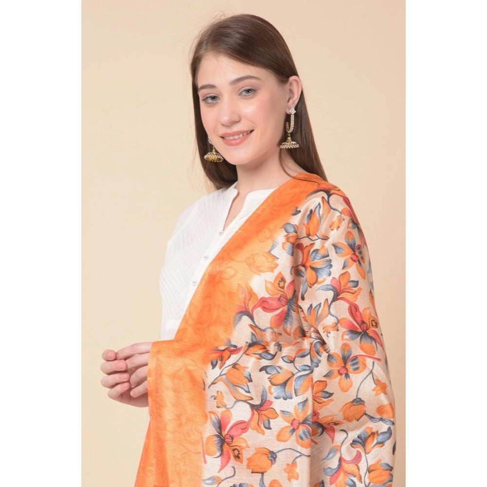 Generic Women's Art Silk Printed Dupatta (Orange, Length: 2.25 to 2.50 Mtr)