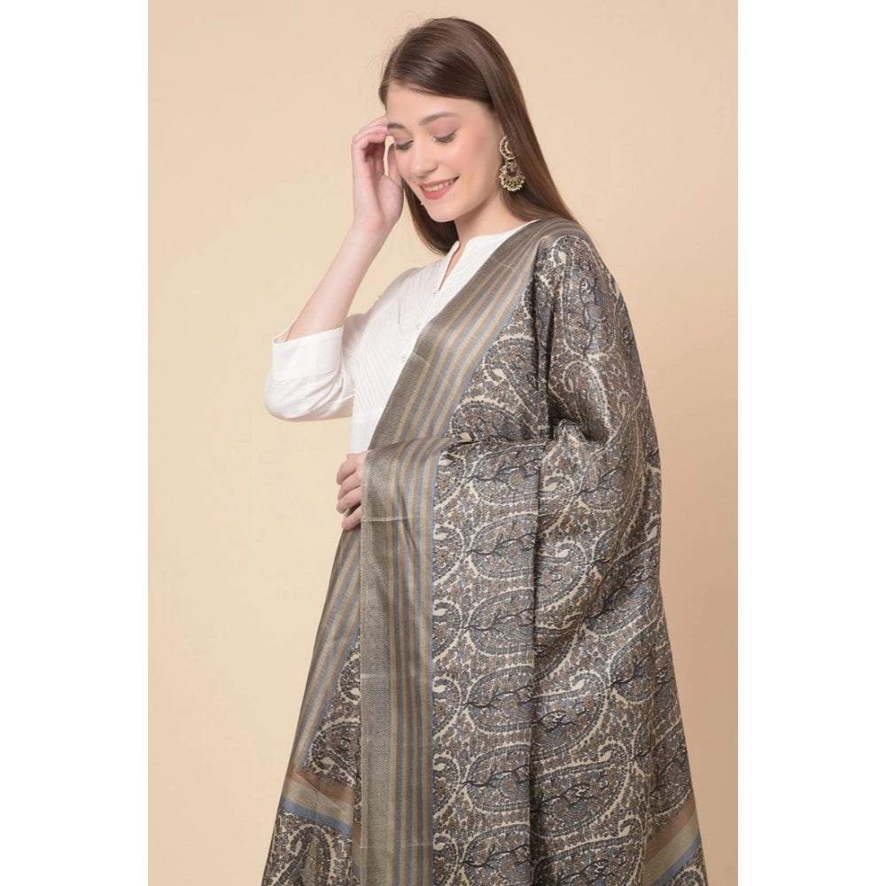Generic Women's Art Silk Printed Dupatta (Grey, Length: 2.25 to 2.50 Mtr)