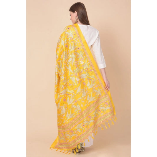 Generic Women's Art Silk Printed Dupatta (Yellow, Length: 2.25 to 2.50 Mtr)