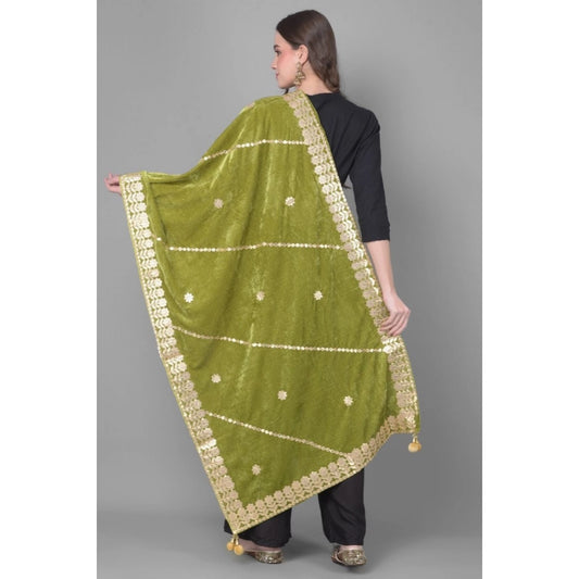 Generic Women's Velvet Gotta Patti Dupatta (Olive, Length: 2.25 to 2.50 Mtr)