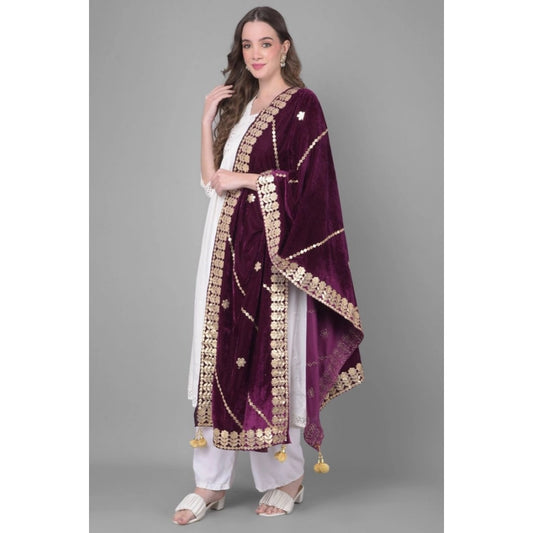 Generic Women's Velvet Gotta Patti Dupatta (Wine, Length: 2.25 to 2.50 Mtr)