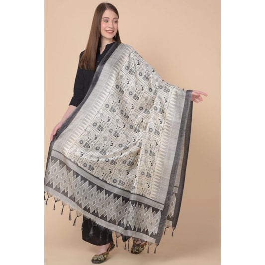 Generic Women's Art Silk Printed Dupatta (Black, Length: 2.25 to 2.50 Mtr)