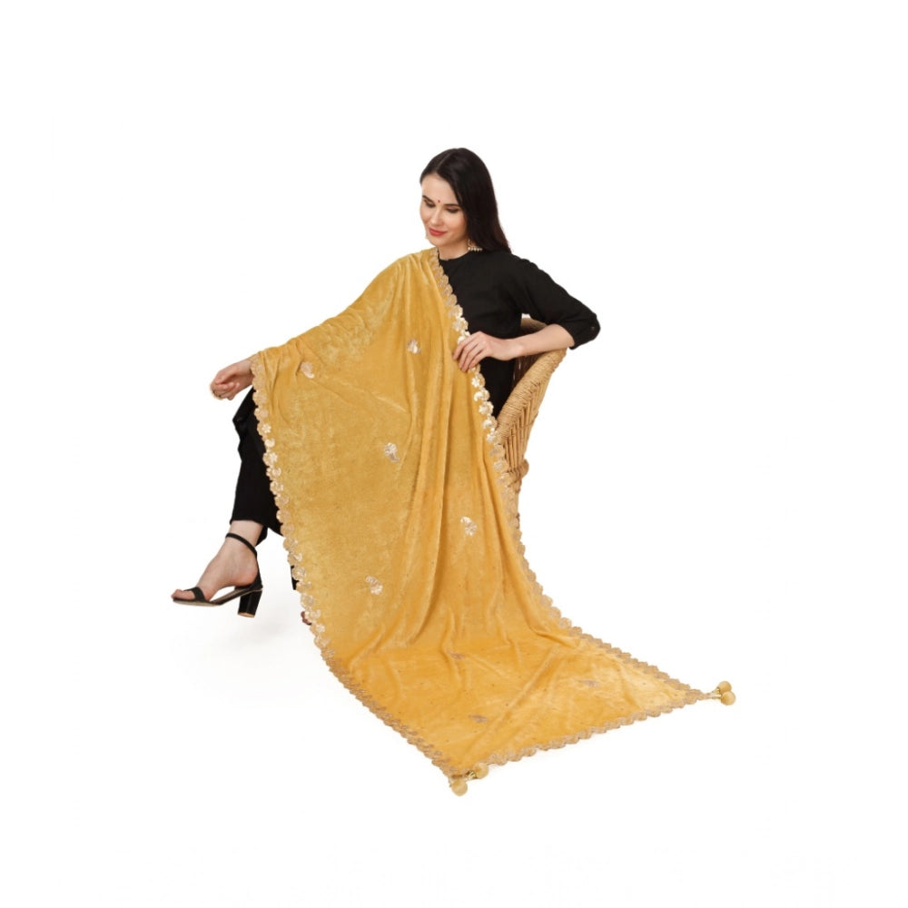 Generic Women's Velvet Gotta Patti Dupatta (Yellow, Length: 2.25 to 2.50 Mtr)