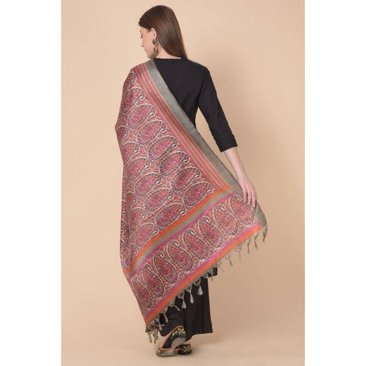 Generic Women's Art Silk Printed Dupatta (Grey, Length: 2.25 to 2.50 Mtr)