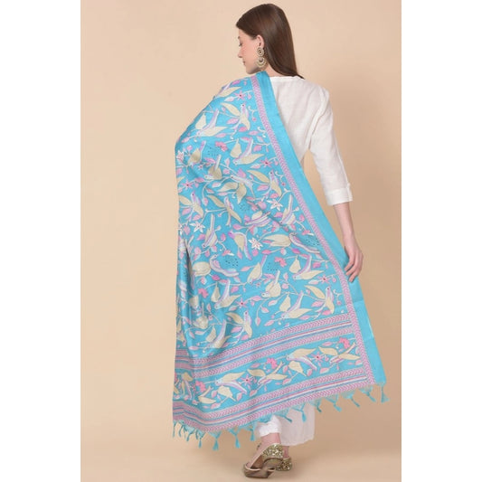 Generic Women's Art Silk Printed Dupatta (Turquoise, Length: 2.25 to 2.50 Mtr)
