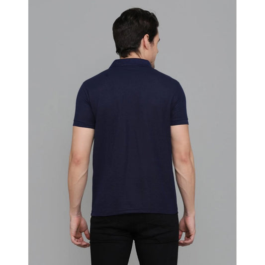 Generic Men's Casual Half Sleeve Solid Cotton Blended Polo Neck T-shirt (Navy Blue)