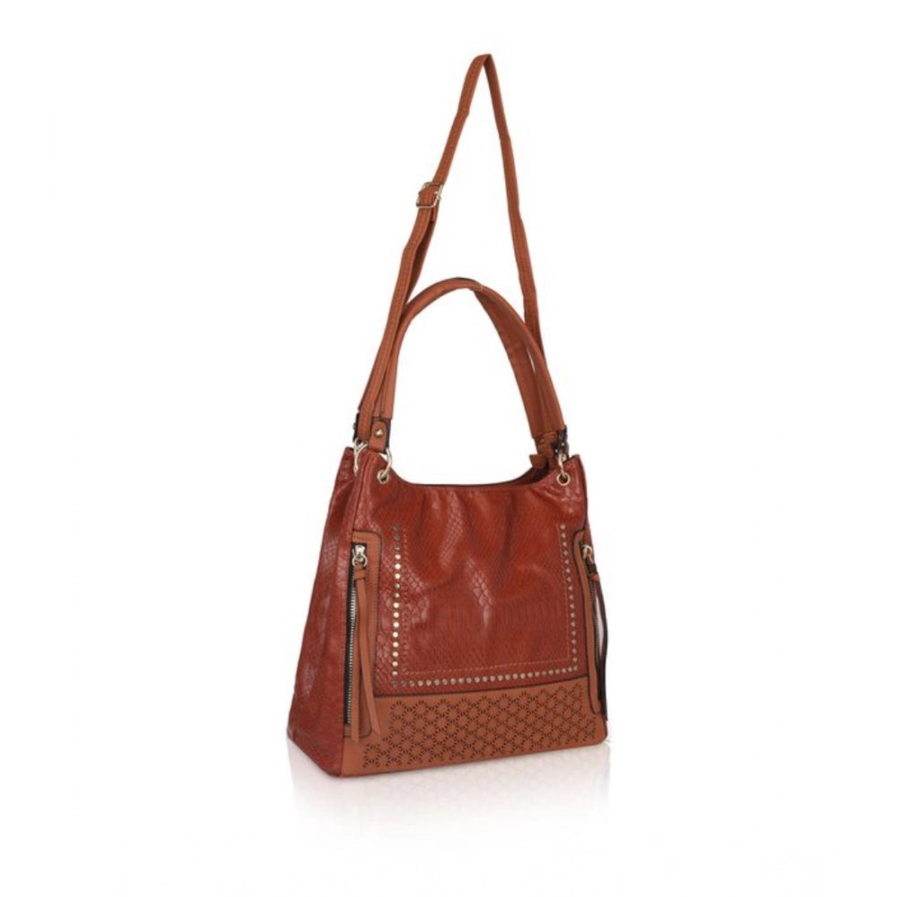 Women's Faux Leather Textured Tote Bag (Brown)