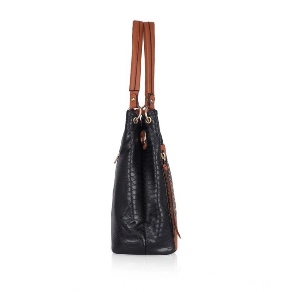 Women's Faux Leather Textured Tote Bag (Black)