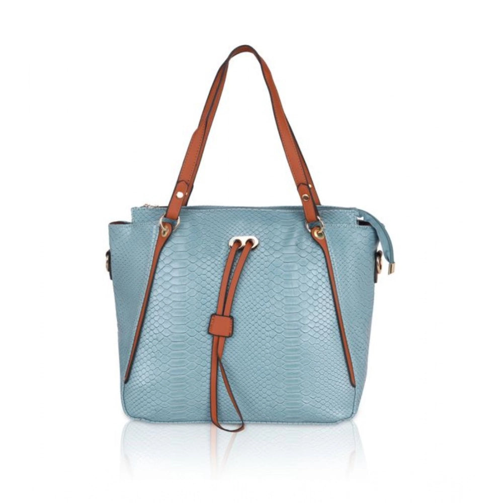 Women's Faux Leather Textured Tote Bag (Blue)