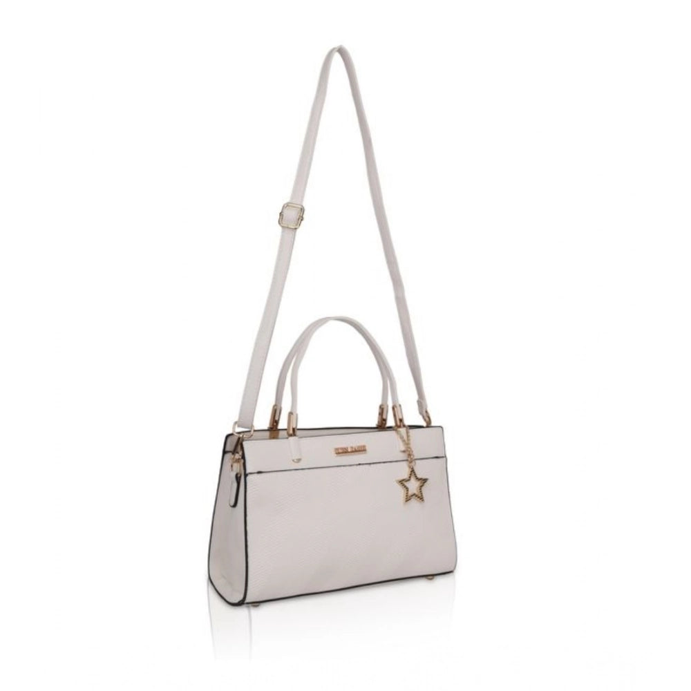 Women's Faux Leather Textured Adjustable Long Belt Handbag (White)