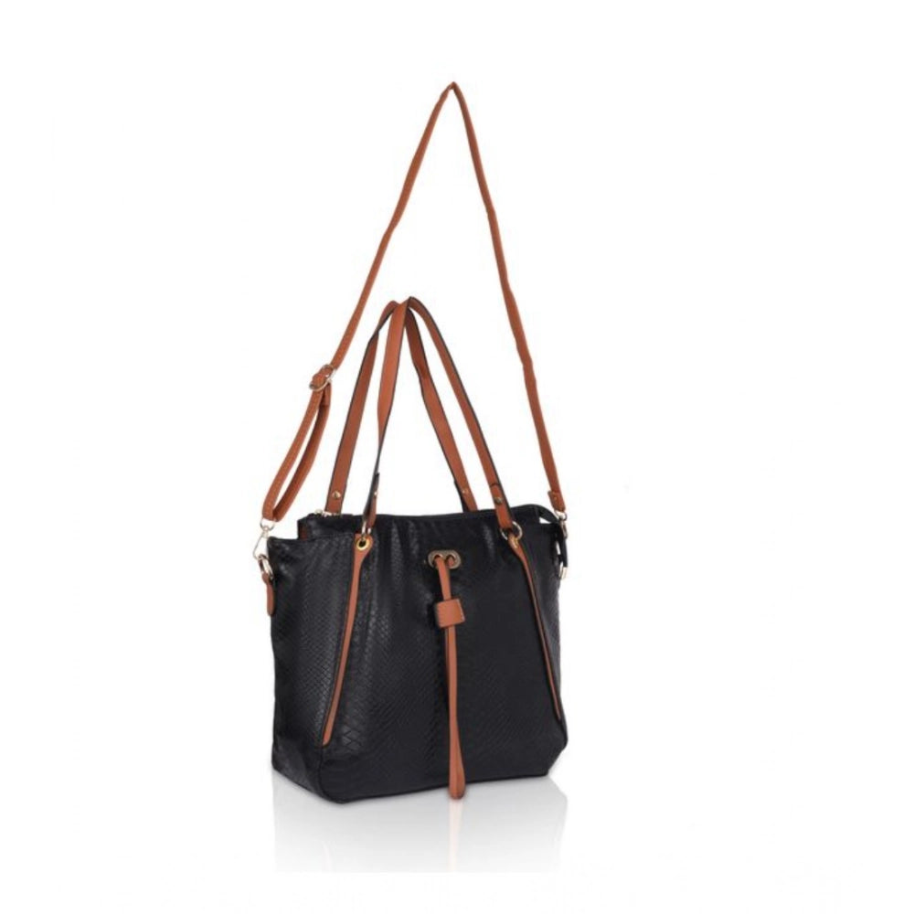 Women's Faux Leather Textured Tote Bag (Black)