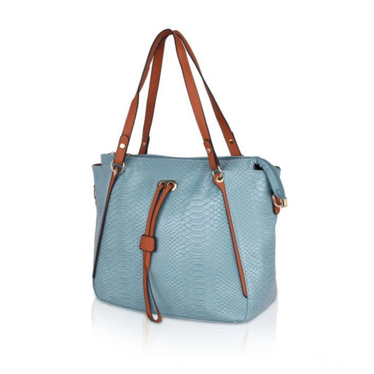 Women's Faux Leather Textured Tote Bag (Blue)
