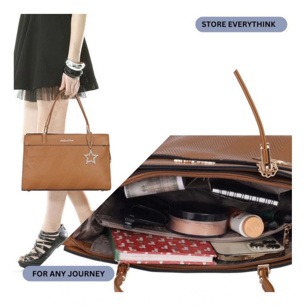 Women's Faux Leather Textured Adjustable Long Belt Handbag (Brown)