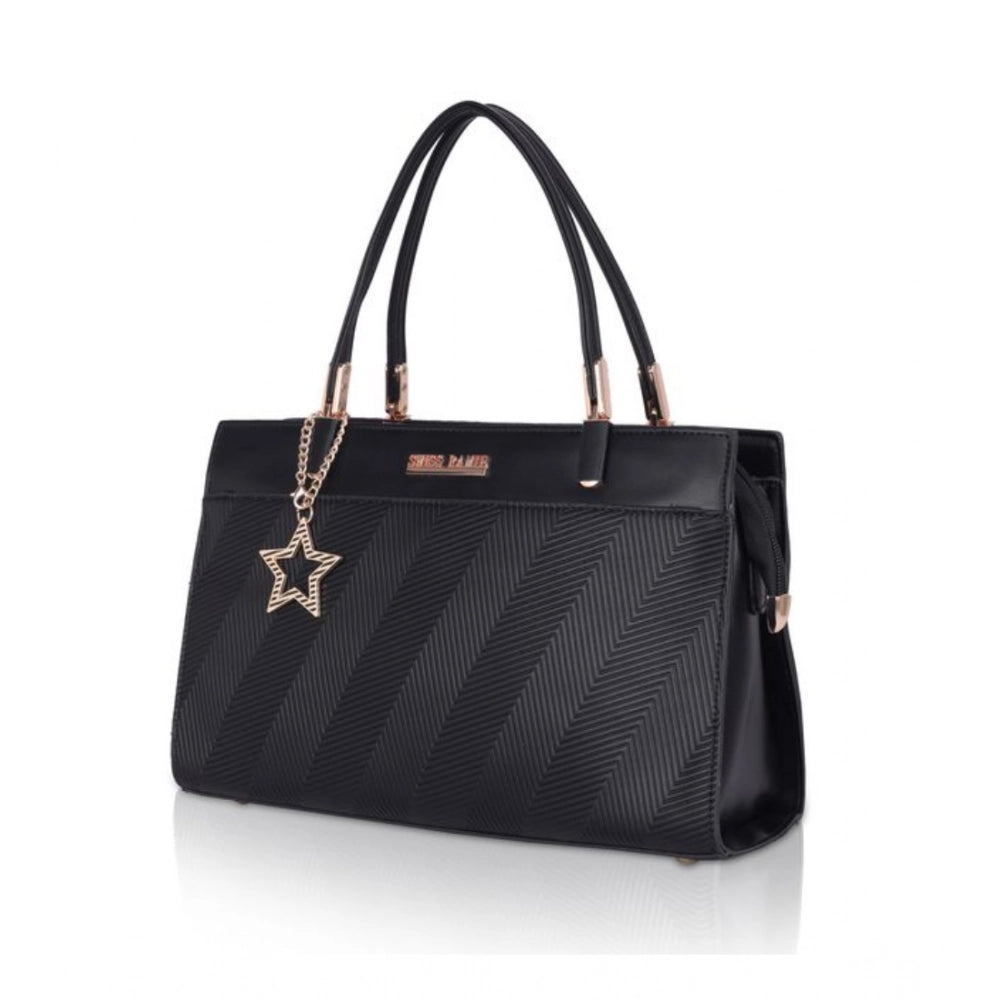 Women's Faux Leather Textured Adjustable Long Belt Handbag (Black)