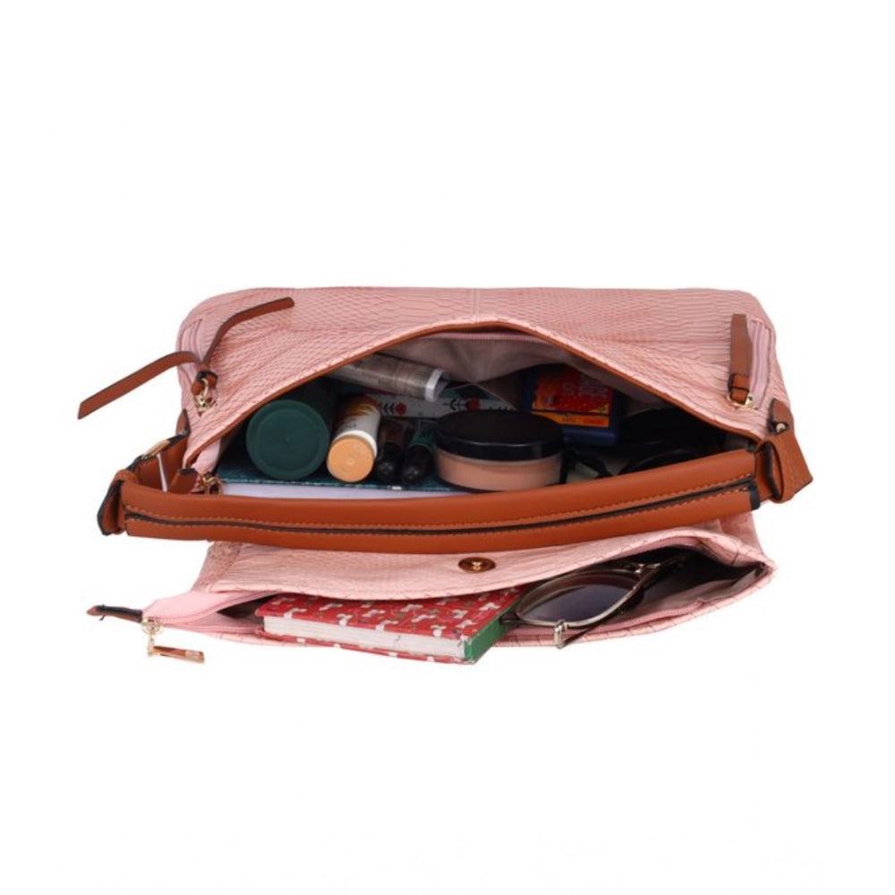 Women's Faux Leather Textured Sling Bag (Pink)