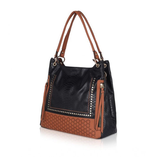 Women's Faux Leather Textured Tote Bag (Black)
