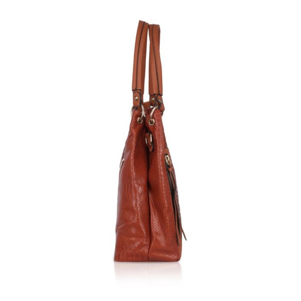 Women's Faux Leather Textured Tote Bag (Brown)