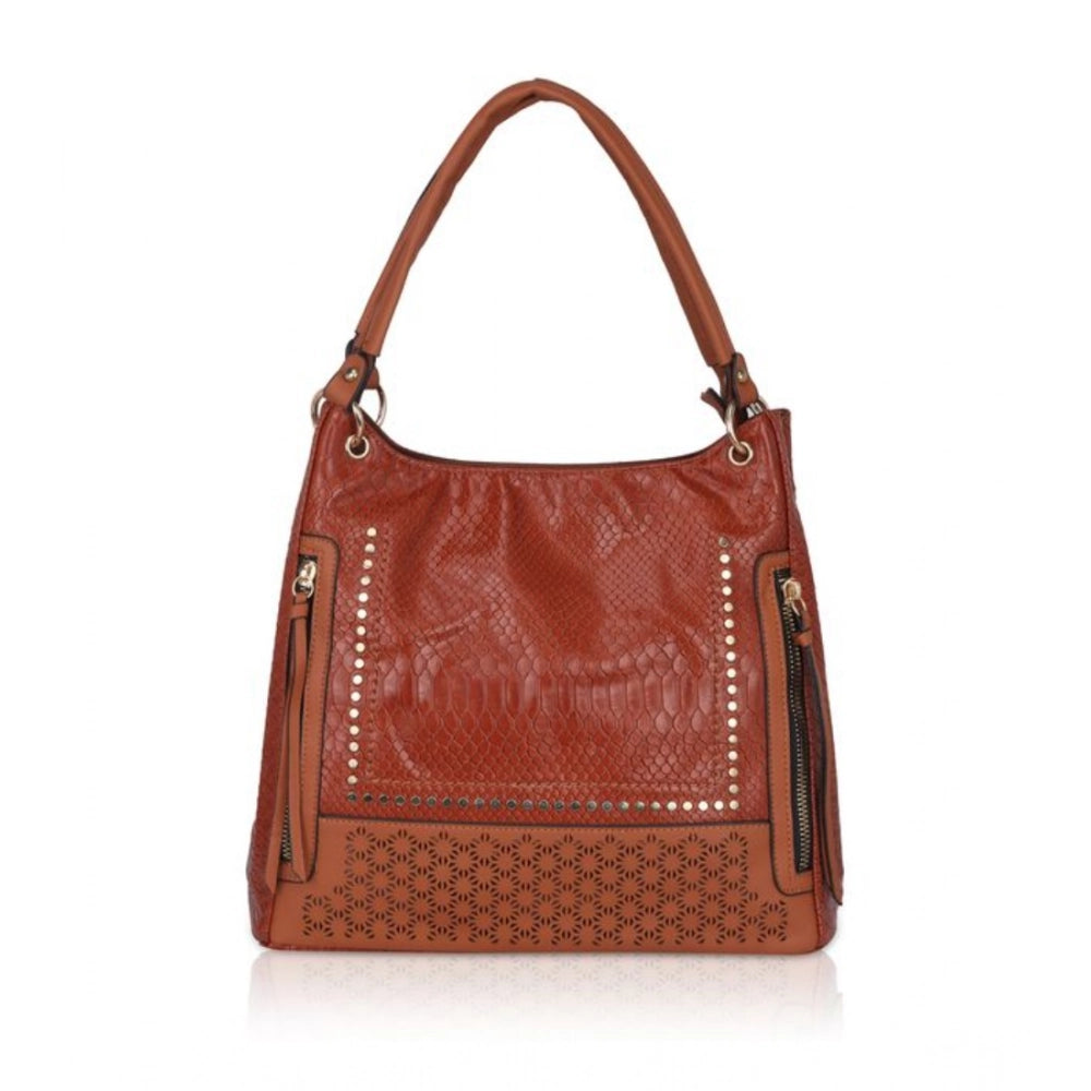 Women's Faux Leather Textured Tote Bag (Brown)