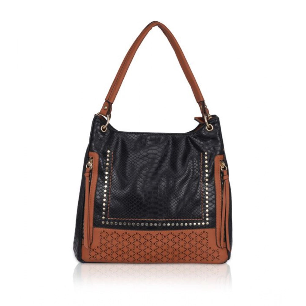 Women's Faux Leather Textured Tote Bag (Black)