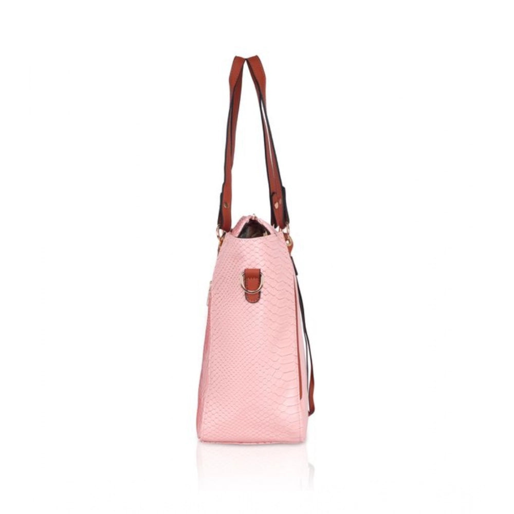 Women's Faux Leather Textured Tote Bag (Pink)