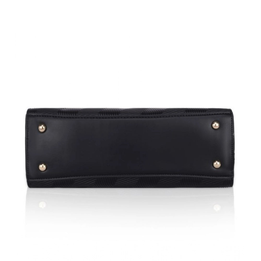 Women's Faux Leather Textured Adjustable Long Belt Handbag (Black)