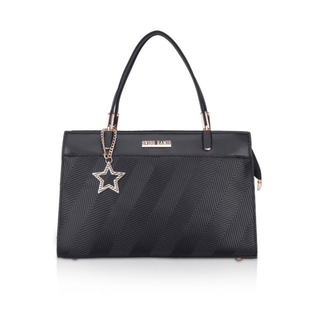 Women's Faux Leather Textured Adjustable Long Belt Handbag (Black)