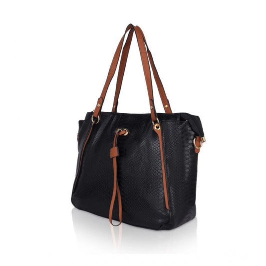 Women's Faux Leather Textured Tote Bag (Black)