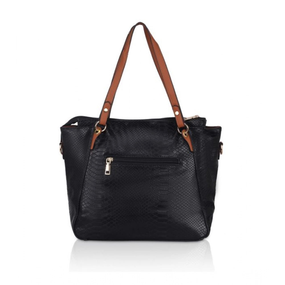 Women's Faux Leather Textured Tote Bag (Black)