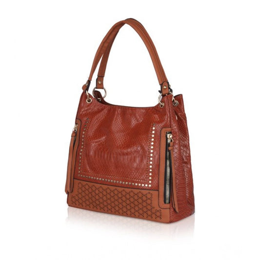 Women's Faux Leather Textured Tote Bag (Brown)