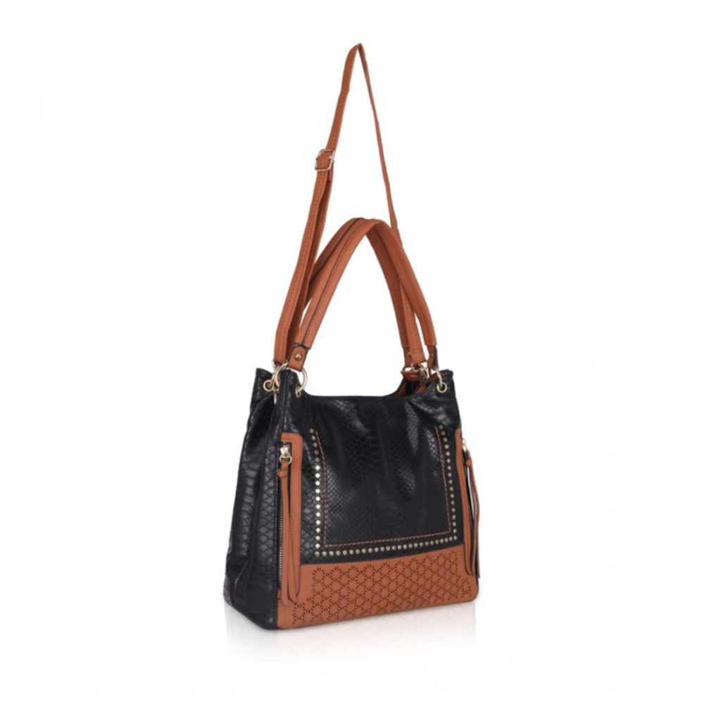Women's Faux Leather Textured Tote Bag (Black)