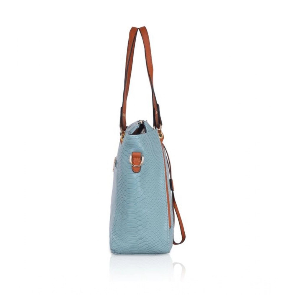 Women's Faux Leather Textured Tote Bag (Blue)