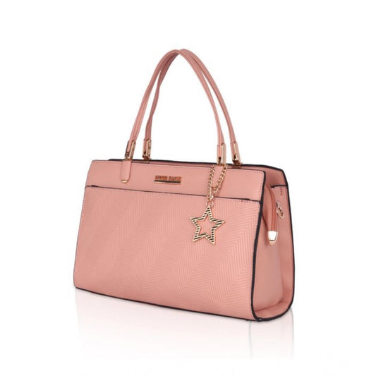 Women's Faux Leather Textured Adjustable Long Belt Handbag (Pink)