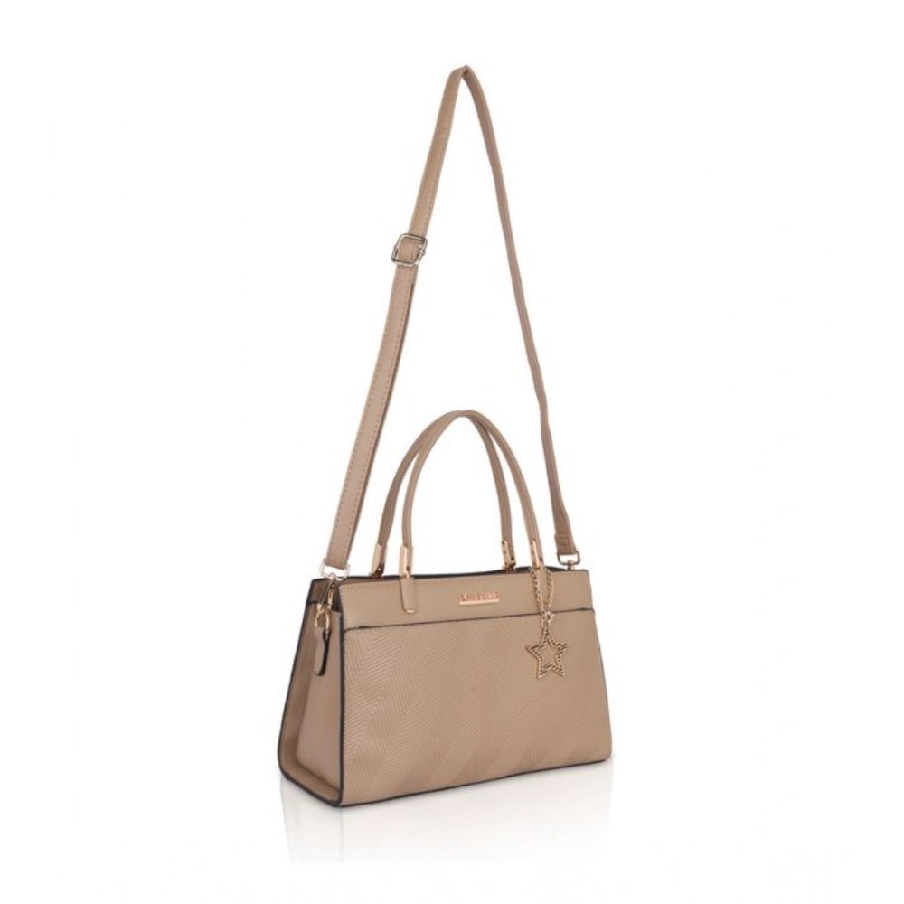 Women's Faux Leather Textured Adjustable Long Belt Handbag (Khaki)