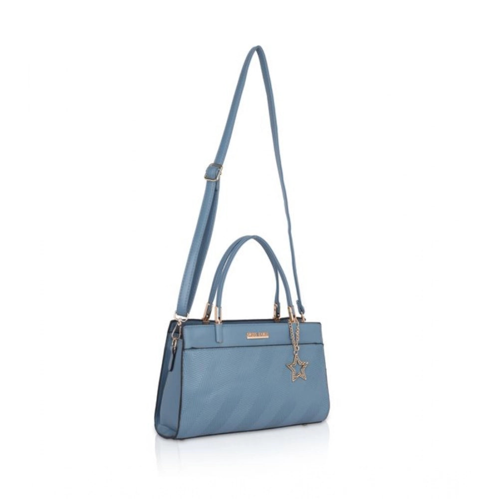 Women's Faux Leather Textured Adjustable Long Belt Handbag (Blue)