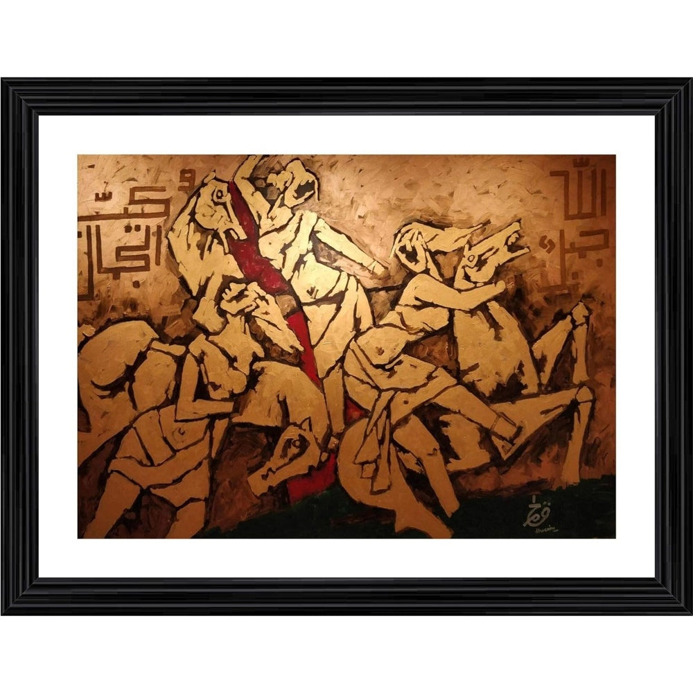 Generic Three Horses and the Riders Painting With Wood Photo Frame (Multicolor)