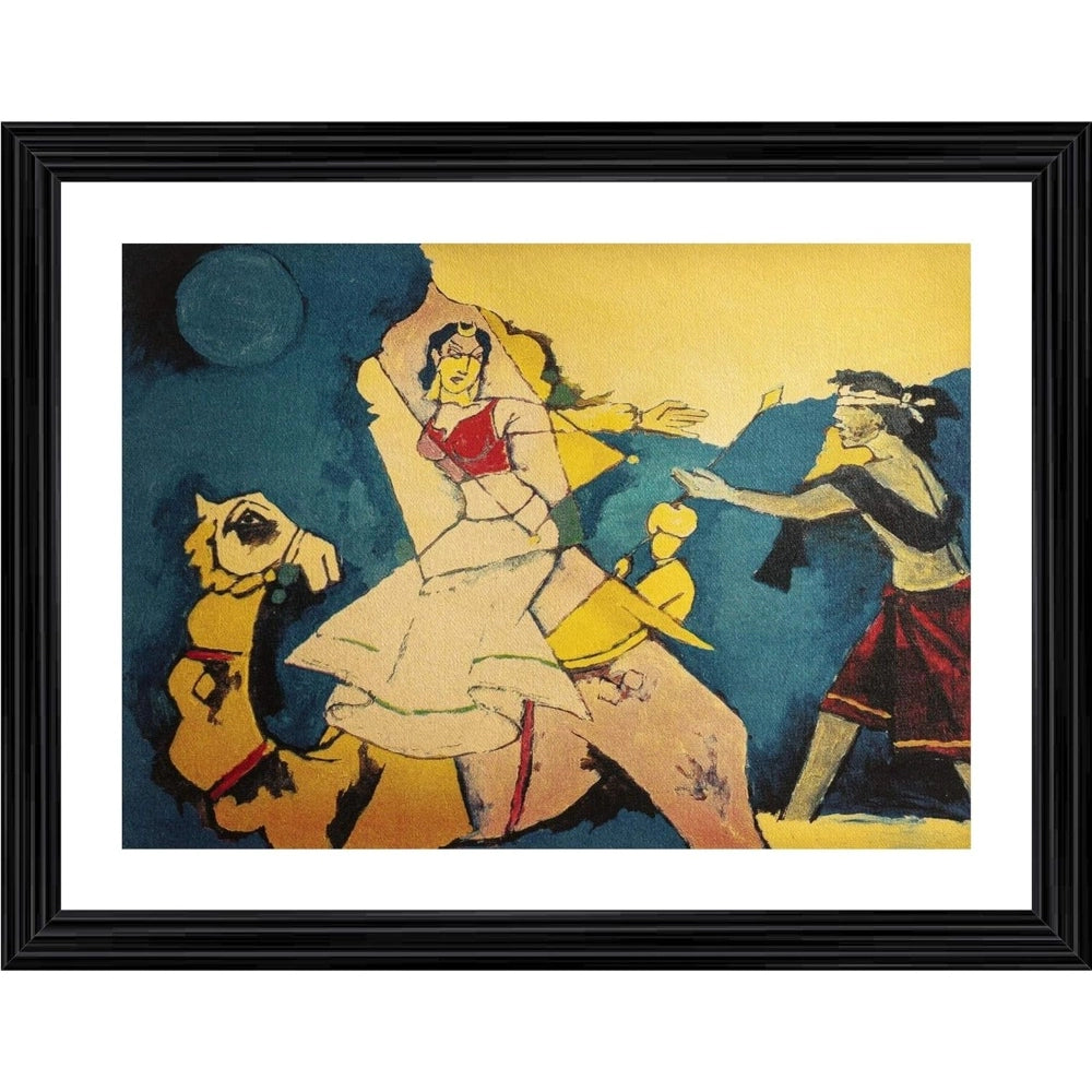 Generic Laila Majnu and Camel Painting With Wood Photo Frame (Multicolor)