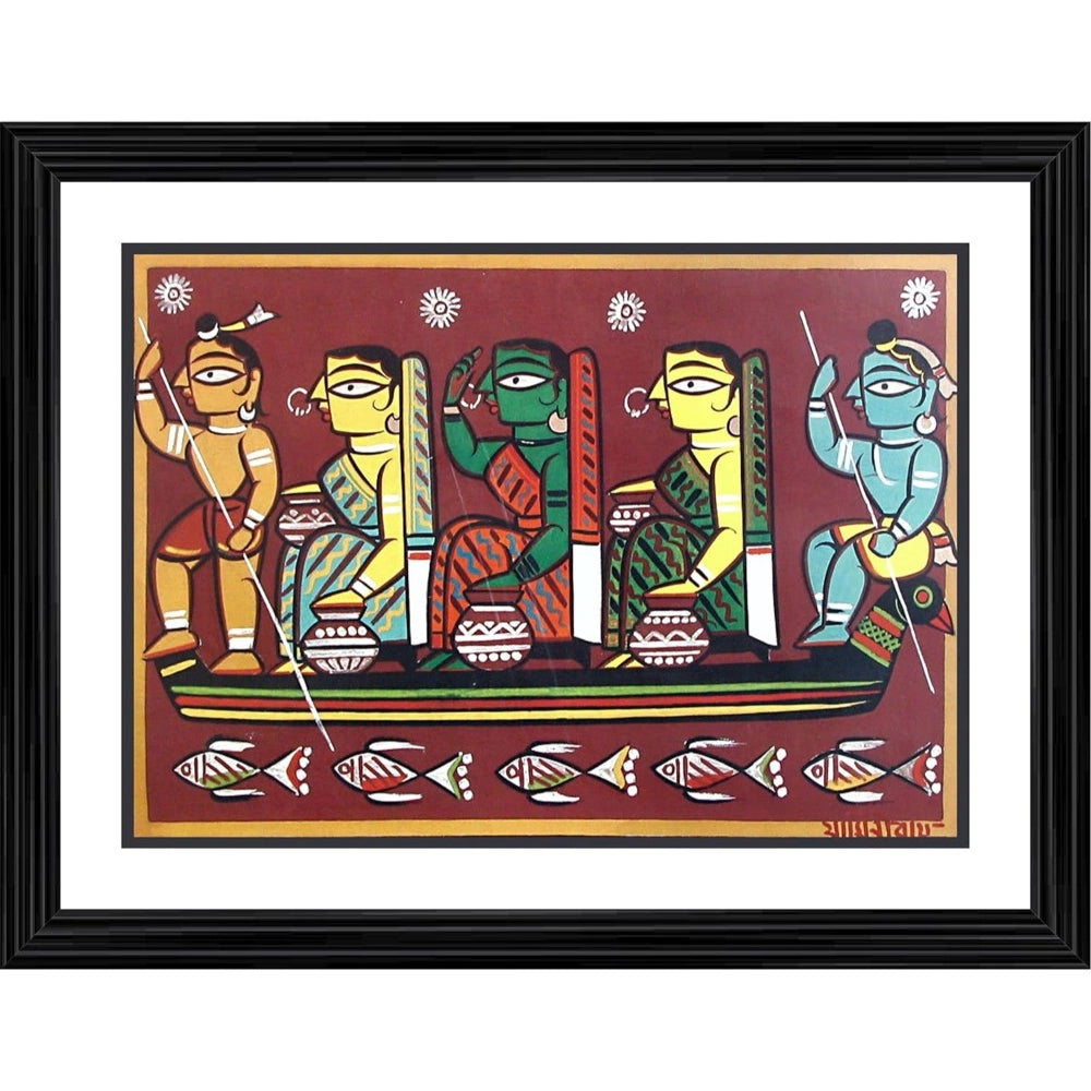 Generic Krishna sailing with Gopika Painting With Wood Photo Frame (Multicolor)