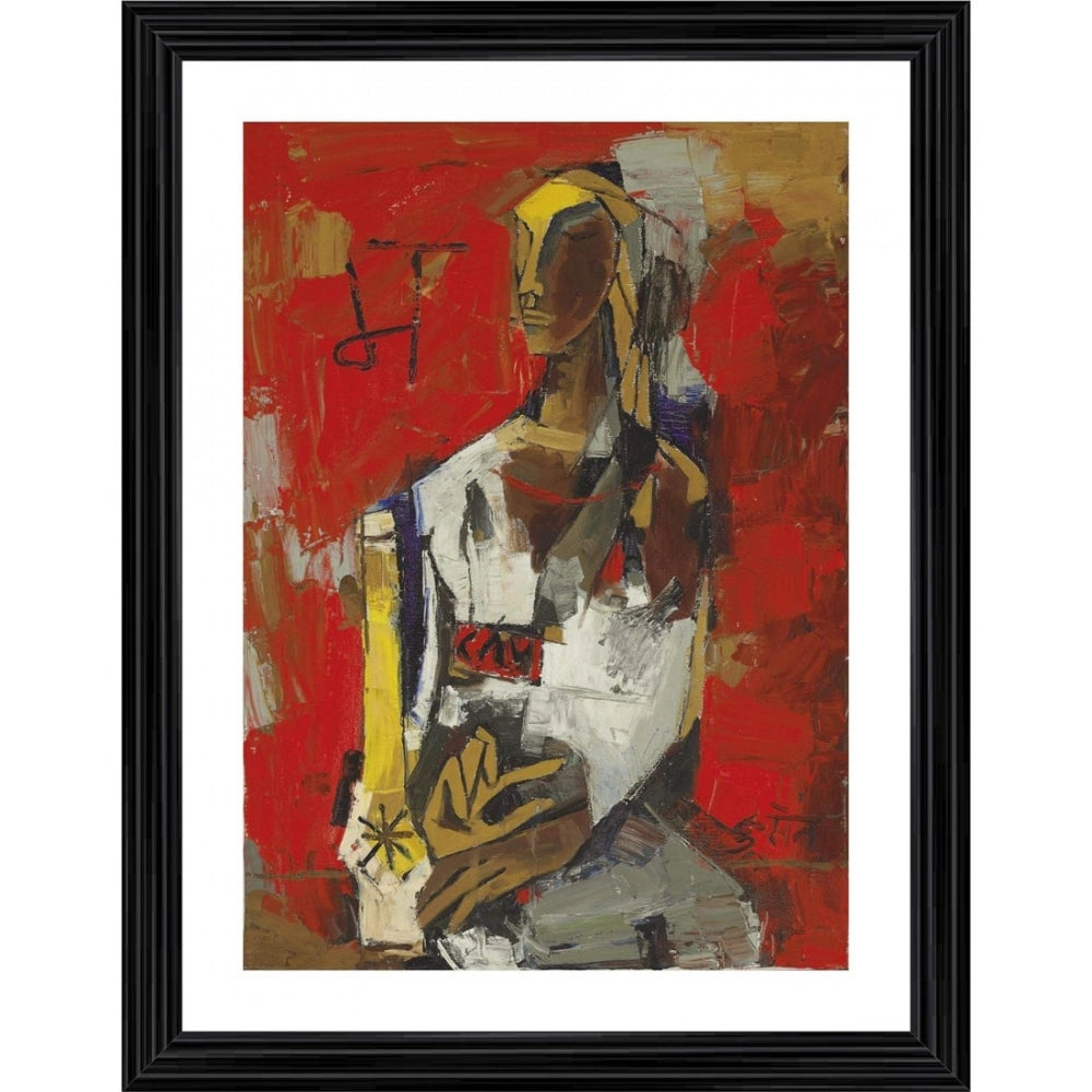 Generic Woman in Red 1964 Painting With Wood Photo Frame (Multicolor)